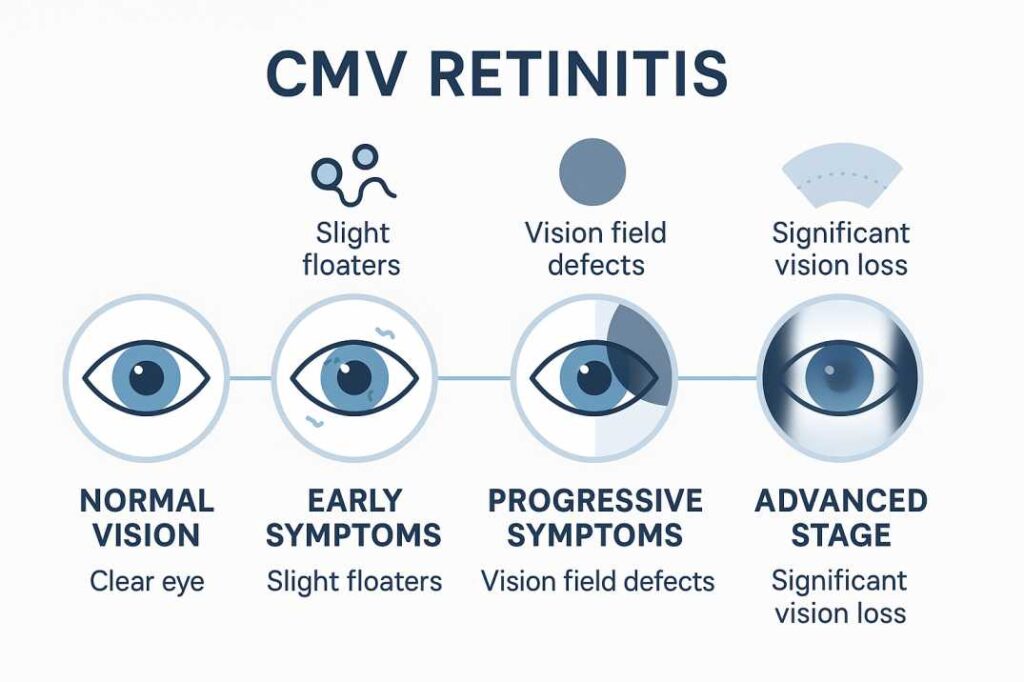 CMV retinitis symptoms progression timeline showing early floaters to advanced vision loss stages.