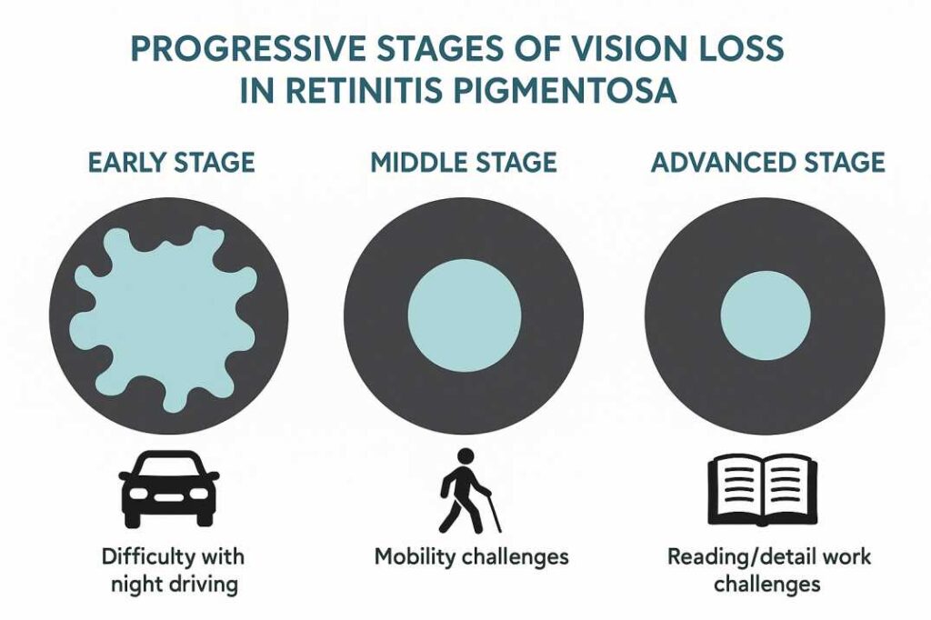 Infographic showing three stages of retinitis pigmentosa vision loss progression from early peripheral vision loss to advanced tunnel vision