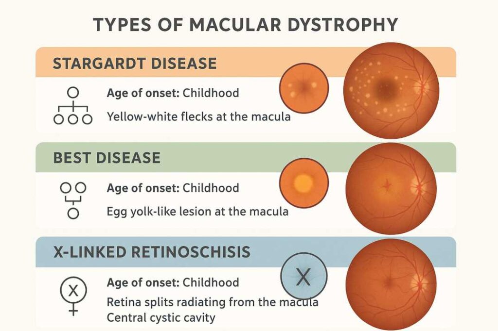 Infographic showing types of macular dystrophy including Stargardt disease, Best disease, and X-linked retinoschisis with inheritance patterns and characteristics
