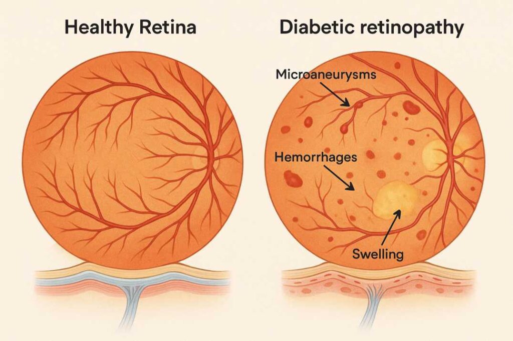 Medical illustration comparing healthy retina with diabetic retinopathy showing blood vessel damage, microaneurysms, and retinal changes in diabetes patients
