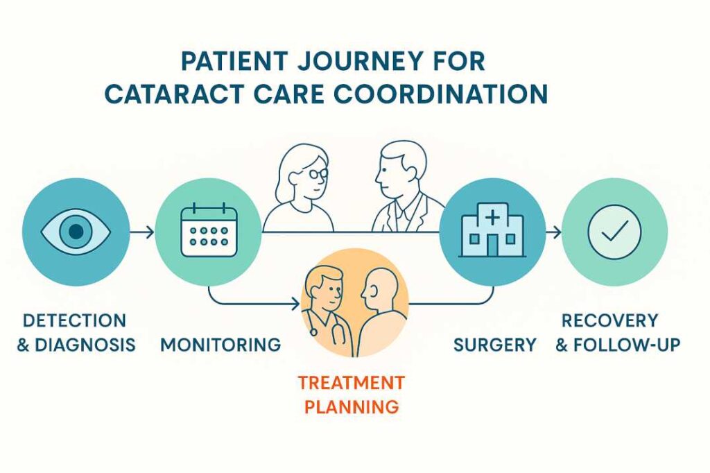 Five-stage patient care coordination timeline for cataract treatment from initial detection through surgical recovery and follow-up