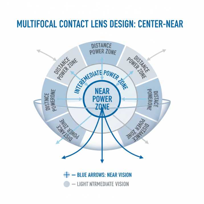 Cross-section diagram of multifocal contact lens showing center-near design with distance and near vision zones for presbyopia correction