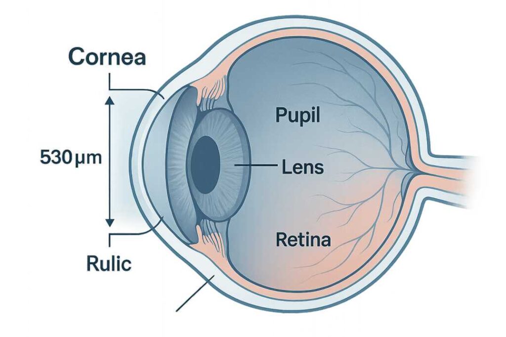 Anatomical diagram showing corneal thickness measurement during LASIK candidacy evaluation with labeled eye structures