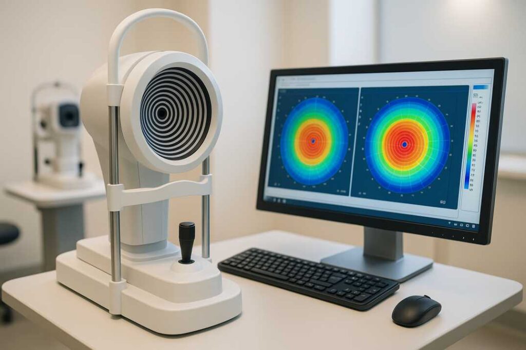 Advanced corneal topography equipment used during LASIK consultation to map eye surface and measure corneal thickness for surgical planning