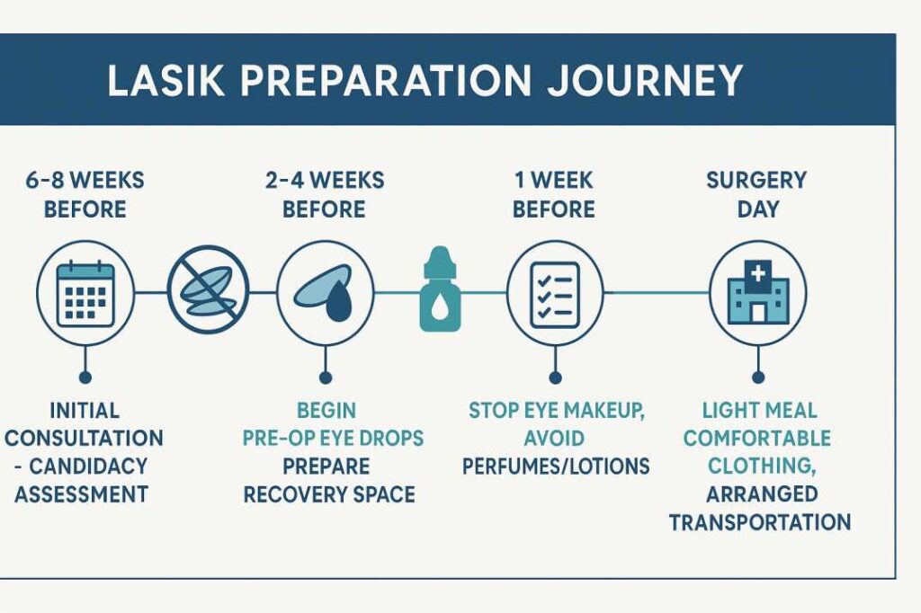 LASIK preparation timeline showing key steps from consultation to surgery day including contact lens discontinuation and pre-operative requirements