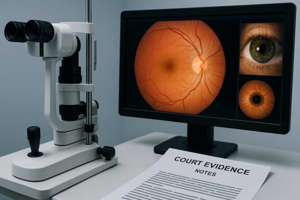 Close-up of forensic eye exam equipment and retinal imaging used to document vision evidence for legal cases.