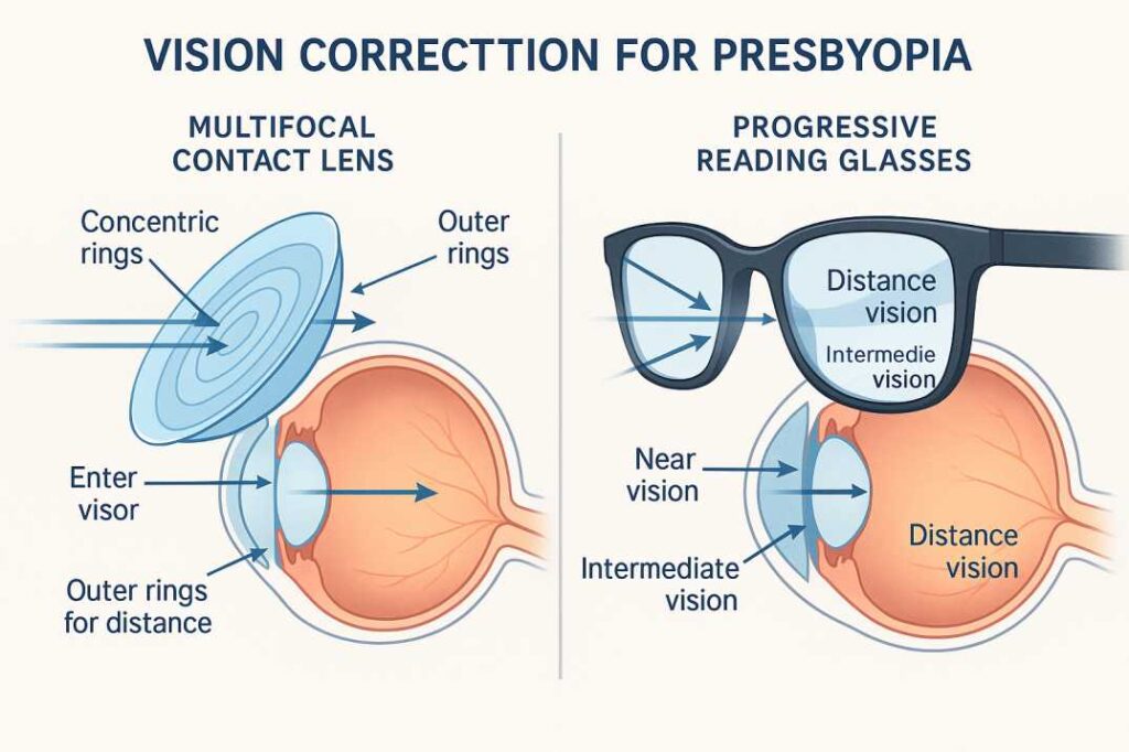 Educational diagram comparing multifocal contact lens design with concentric rings versus progressive reading glasses showing different vision zones