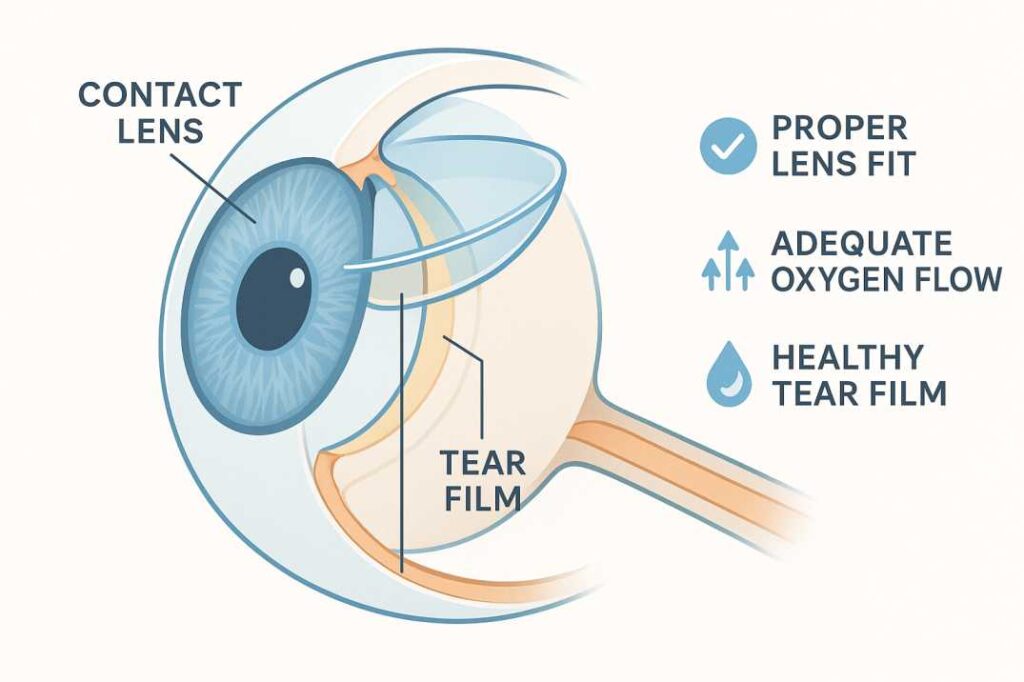 Medical illustration showing cross-section of eye with contact lens properly fitted on cornea with healthy tear film layer