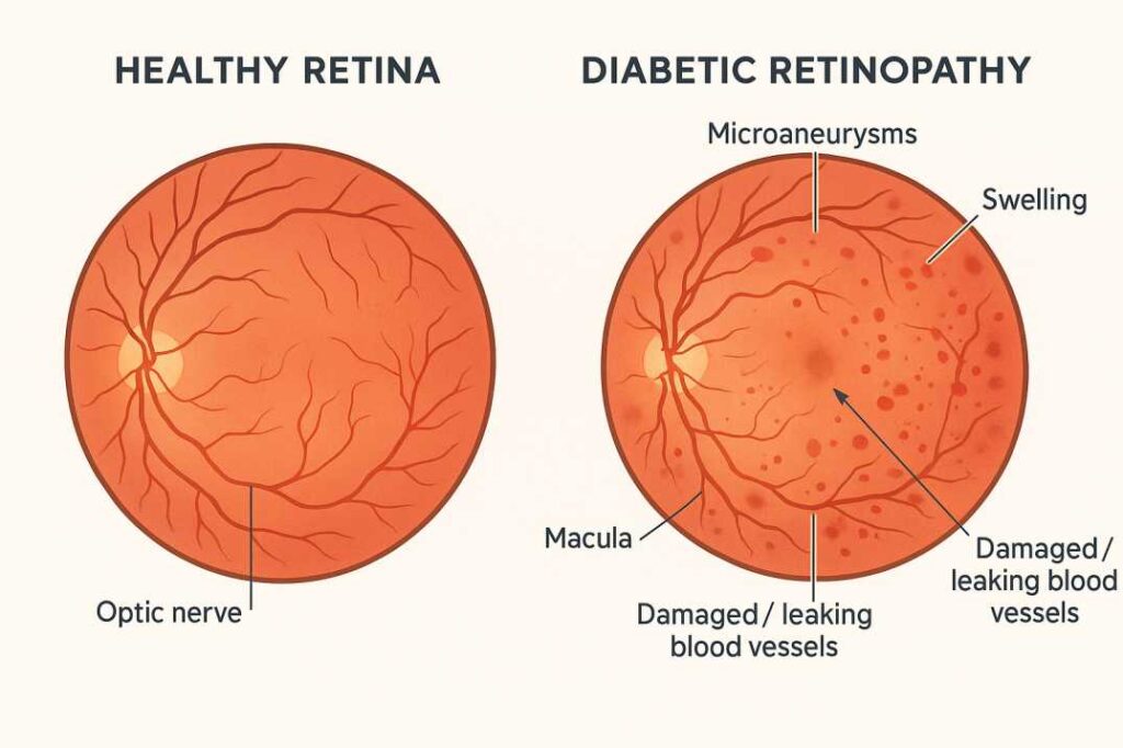 Medical illustration comparing healthy retina with diabetic retinopathy showing blood vessel damage, microaneurysms, and retinal changes caused by high blood sugar