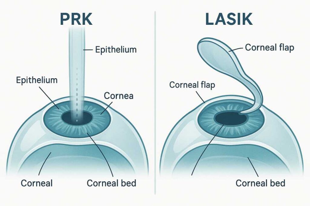 Side-by-side medical diagram comparing PRK and LASIK surgical techniques, showing epithelium removal in PRK versus flap creation in LASIK.