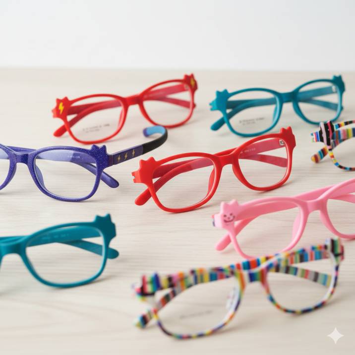 Colorful, durable children's eyeglass frames designed for active 5-year-olds, featuring flexible materials and fun designs to encourage wearing glasses