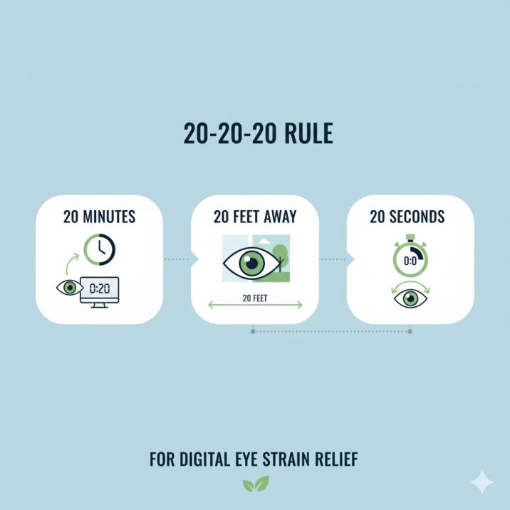 20-20-20 rule infographic showing eye exercise recommendations - look at something 20 feet away for 20 seconds every 20 minutes
