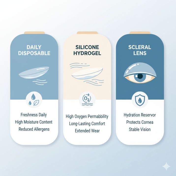 Comparison chart of the best contact lens types for dry eyes including daily disposables, silicone hydrogel, and scleral lenses