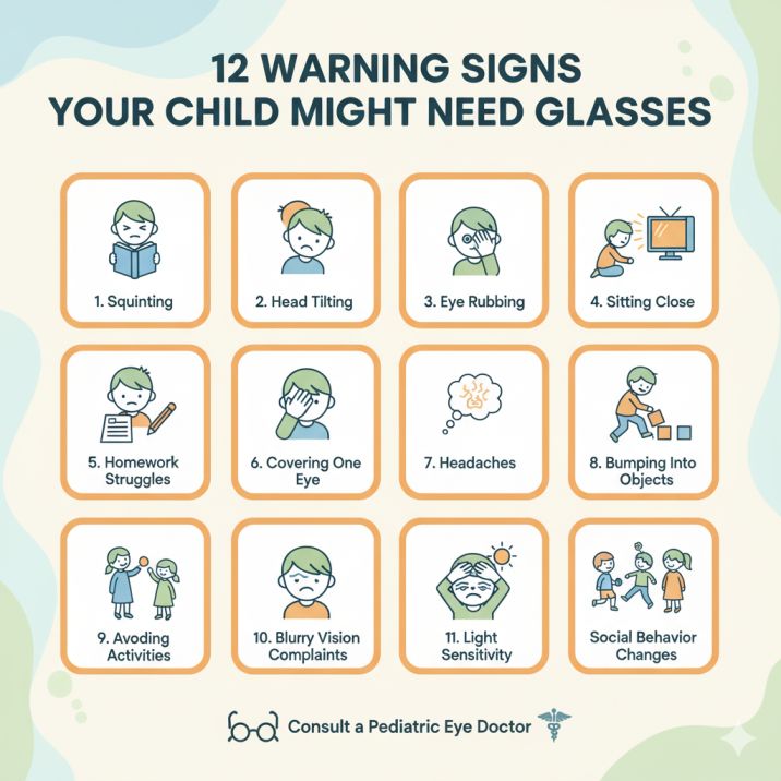Comprehensive infographic displaying 12 key warning signs that indicate a child might need glasses, including squinting, head tilting, eye rubbing, and academic difficulties - essential guide for parents