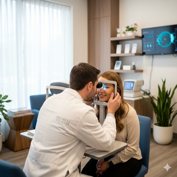 Patient receiving eye pressure test using modern tonometry equipment during comprehensive eye exam