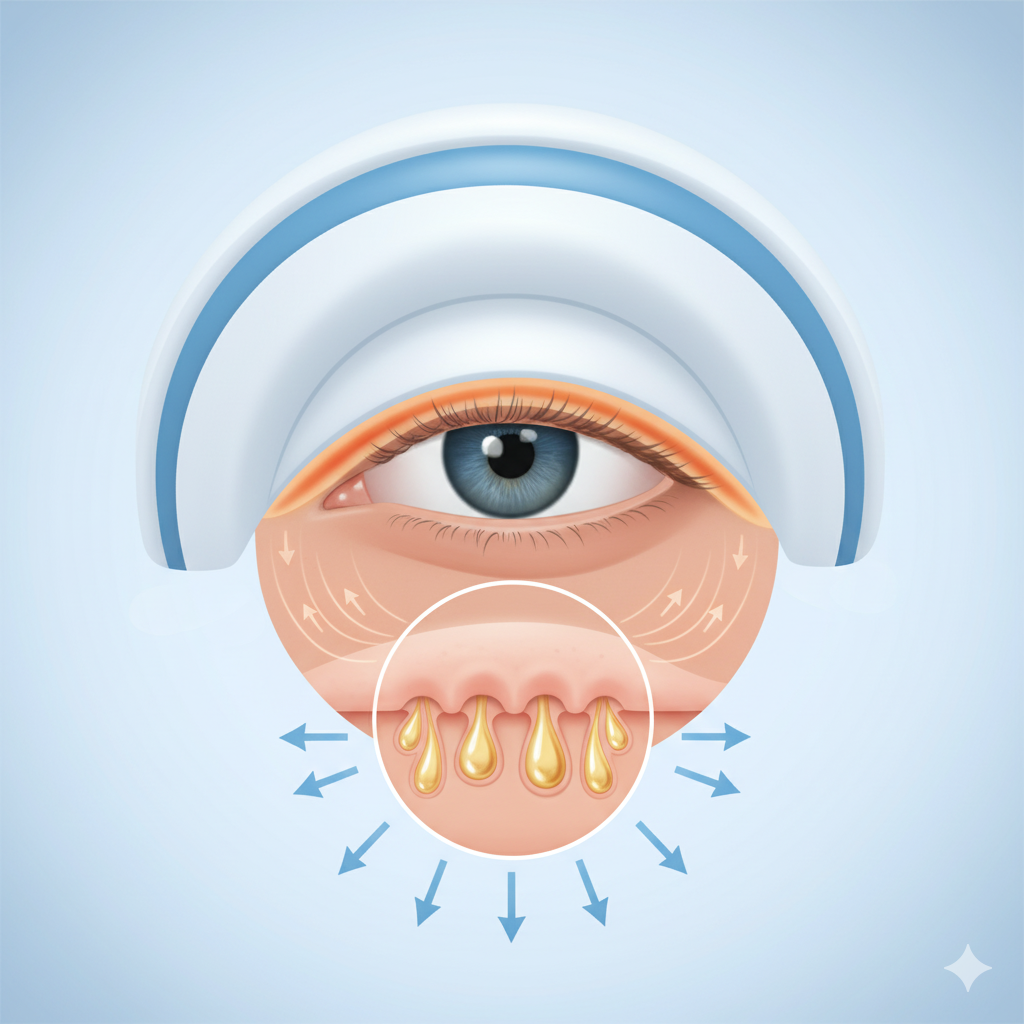 LipiFlow thermal pulsation treatment illustration showing how controlled heat and pressure clear blocked meibomian glands during dry eye therapy