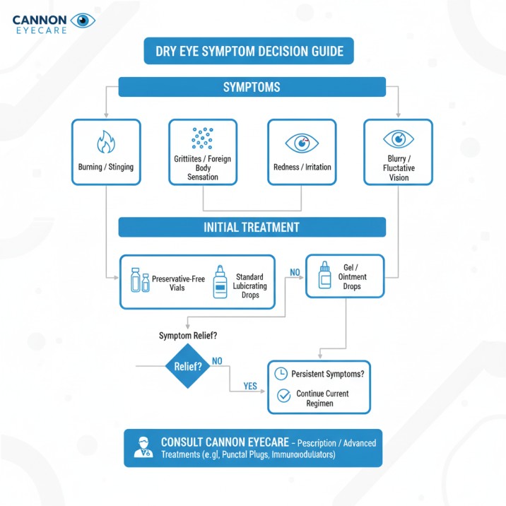 Eye drop selection flowchart showing how to choose the best artificial tears and dry eye treatments based on specific symptoms and severity levels